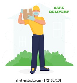 Concepto de entrega segura en estilo plano. Entrega a casa y oficina. Logística de la ciudad. Escena de ilustración vectorial con mensajero con máscara protectora y caja entrega pedidos. Proteger del covid-19 o del coronavirus.