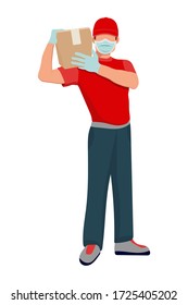 Safe delivery concept in flat style. Delivery home and office. City logistics. Vector illustration scene with courier in protective mask and box delivers orders. Protect from covid-19 or coronavirus.