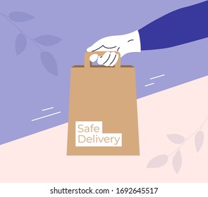 Safe delivery concept. Human hand in gloves holding bag with products. Stay home and order food or goods by courier service delivery. Isolation, coronavirus quarantine, protection. Vector illustration