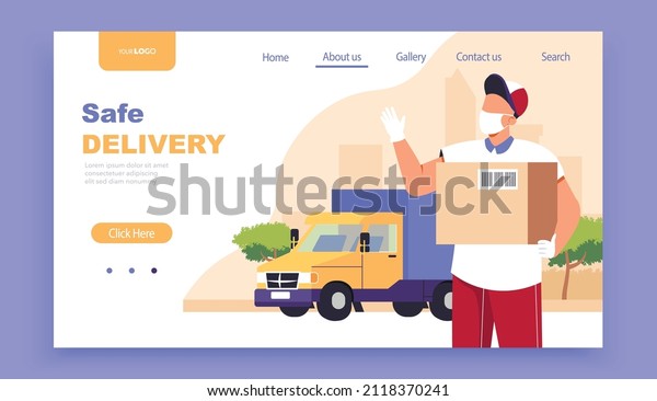 Safe delivery concept landing page. Courier with a\
medical protective mask on his face holding a package with a\
delivery truck in the background. Delivery during quarantine.\
Vector illustration\
banner