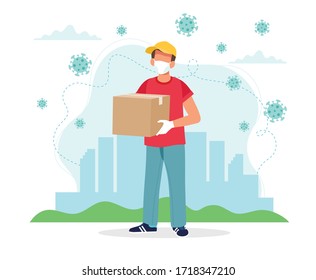 Safe delivery concept, delivery man with a box wearing mask. Vector illustration in flat style