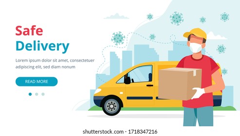 Safe delivery concept, delivery man with a box wearing mask and yellow car. Vector illustration in flat style
