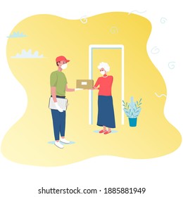 Safe delivery concept, delivery man with a box wearing mask and gloves. Vector illustration in flat style. Courier in protective mask and gloves delivers a package or box to woman during coronavirus.