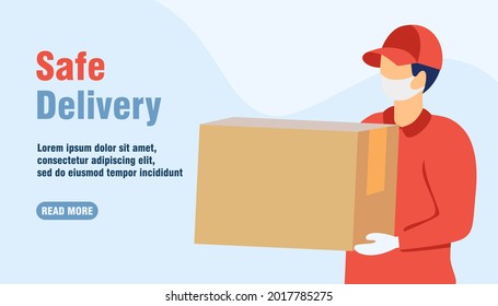 Safe delivery concept, delivery man with a box wearing mask. Vector illustration in flat style