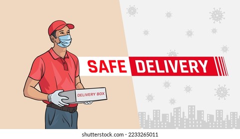 Safe delivery concept, delivery man with a box wearing mask. Delivery man in red uniform illustration. Delivering parcel box safely wearing face mask and gloves during pandemic.