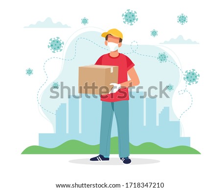 Safe delivery concept, delivery man with a box wearing mask. Vector illustration in flat style