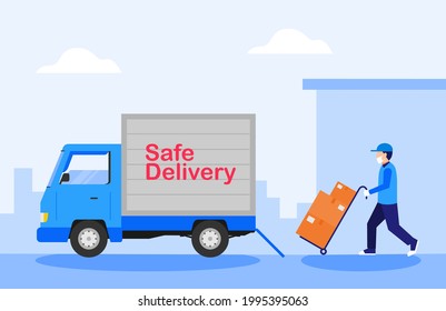 Safe delivery concept, delivery man 
pushing a hand truck with boxes. Vector illustration in flat style