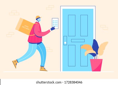 Safe delivery concept. Masked courier rings to the doorbell. Contactless delivery. Vector illustration.