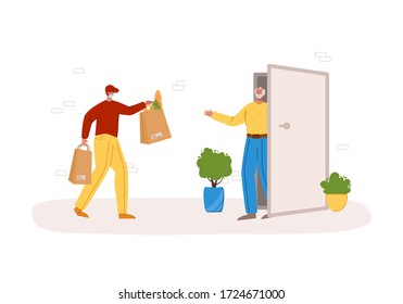 Safe delivery concept - delivery of products or parcels to home to front door, express courier service for sineors or old people on self isolation, courier man in mask - flat cartoon vector.