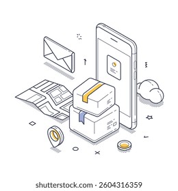 Safe delivery concept. A smartphone is depicted alongside two packages, an envelope, and a map, highlighting the integration of technology in shipping and logistics. Isometric vector illustration