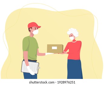 Concepto de entrega segura. Un joven mensajero con una máscara de protección médica y guantes entrega el paquete o la caja a una anciana. El concepto de "quedarse en casa". Ilustración vectorial plana. Caja de entrega.