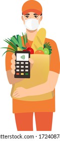 Safe delivery.  Courier in mask delivers food. Coronavirus in the world. Contactless payment.Vector illustration