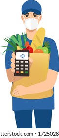 Safe delivery.  Courier in mask delivers food. Coronavirus in the world. Contactless payment.Vector illustration