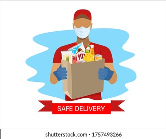 Safe delivery. A courier in a medical mask delivers orders food. Logistics and safe delivery concept. Delivery home and office. Suitable for web landing page, ui, banner. Vector.