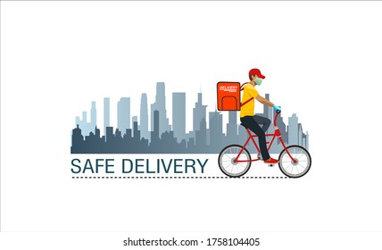 Safe delivery. A courier in a medical mask delivers orders. Logistics and safe delivery concept. Delivery home and office. City logistics. Suitable for web landing page, ui, banner. Vector.