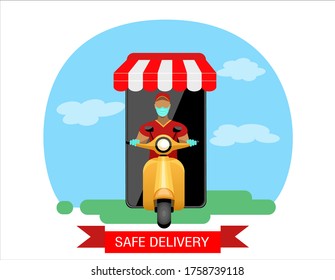 Safe delivery. A courier in a medical mask delivers orders. Logistics and safe delivery concept. Delivery home and office. City logistics. Suitable for web landing page, ui, banner. Vector.