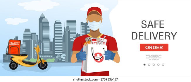 Safe delivery. Courier in a medical mask delivers orders on scooter. Logistics and safe delivery concept. Medicines Delivery home and office. City logistics. Suitable for web landing page, ui, banner.