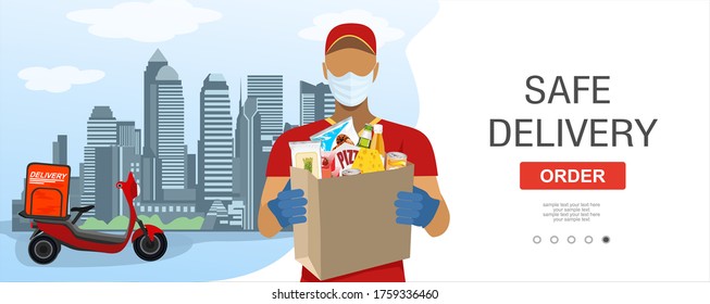 Safe delivery. Courier in a medical mask delivers orders on scooter. Logistics and safe delivery concept. Food Delivery home and office. City logistics. Suitable for web landing page, ui, banner.