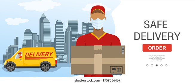 Safe delivery. A courier in a medical mask delivers orders on truck. Logistics and safe delivery concept. Delivery home and office. City logistics. Suitable for web landing page, ui, banner. Vector.