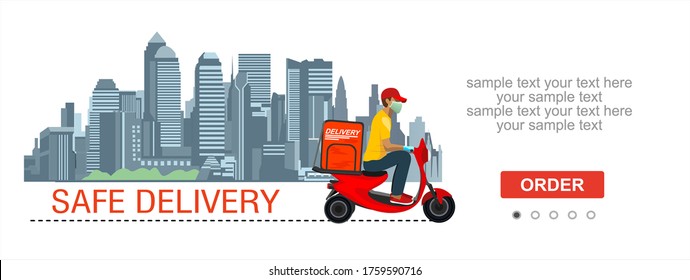 Safe delivery. Courier in a medical mask delivers orders on scooter. Logistics and safe delivery concept. Food Delivery home and office. City logistics. Suitable for web landing page, ui, banner.