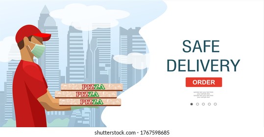 Safe delivery. Courier in a medical mask delivers orders. Logistics and safe delivery concept. Pizza Delivery home and office. City logistics. Suitable for web landing page, ui, banner.