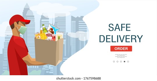 Safe delivery. Courier in a medical mask delivers orders. Logistics and safe delivery concept. Food Delivery home and office. City logistics. Suitable for web landing page, ui, banner.