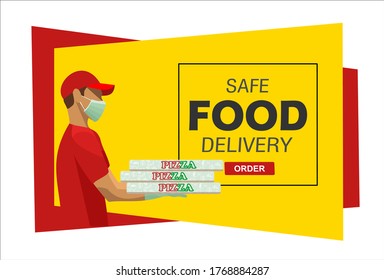 Safe delivery. Courier in a medical mask delivers orders. Logistics and safe delivery concept. Pizza Delivery home and office. City logistics. Suitable for web landing page, ui, banner.