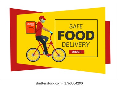 Safe delivery. A courier in a medical mask delivers orders on bicycle . Logistics and safe delivery concept. Delivery home and office. Suitable for web landing page, ui, banner. Vector.