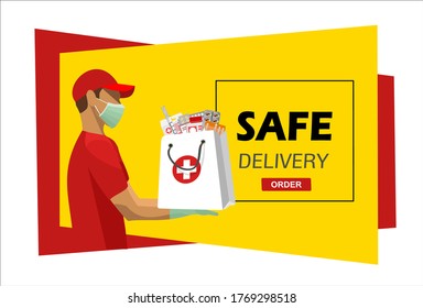 Safe delivery. Courier in a medical mask delivers orders. Logistics and safe delivery concept. Medicines Delivery home and office. City logistics. Suitable for web landing page, ui, banner.