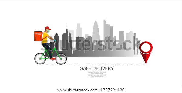 Safe delivery. A courier in a medical mask\
delivers orders. Logistics and safe delivery concept. Delivery home\
and office. City logistics. Suitable for web landing page, ui,\
banner. Vector.