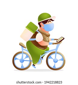 Safe delivery. Courier rides a bicycle with a thermal bag. Safety stuffs - mask, gloves, antiseptic. Vector illustration in cartoon style