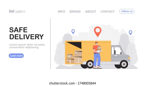 Safe delivery and courier service concept, delivery man in a protective mask, holding ordered box and stands next to the delivery car. Flat style vector illustration for web banner, landing page.