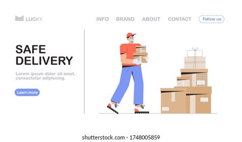 Safe Delivery And Courier Service Concept, Male Courier With A Medical,  Mask And Gloves Holds A Delivery Box And Collects Orders In The Warehouse. Flat Style Vector Illustration For Web Banner.