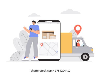 Safe delivery and courier service concept, a young man makes order in online store, big screen phone with tracking courier's location. Flat style vector illustration.
