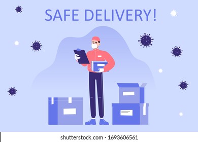 Safe delivery and courier service during a Coronavirus (COVID-19) novel. Delivery man in a medical mask holding delivery box. Logistics and safe delivery concept. Vector illustration