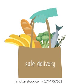 Safe delivery. Creative illustration of medical glove holding package of fresh food. Safe shopping. coronavirus quarantine. Vector.