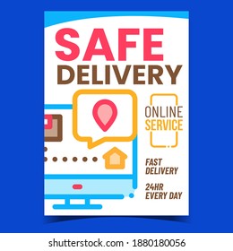 Safe Delivery Creative Promotion Poster Vector. Delivery Online Service For Tracking Shipment Advertising Banner. Computer Internet Web Page Of Postal Company Concept Template Style Color Illustration