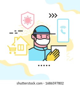 Safe delivery due to the COVID-19 quarantine vector illustration. Masked courier with gloved hands and package, shield with virus icon, mobile phone, and house with shopping cart within. 