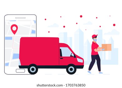 Safe delivery during coronavirus COVID-19. Delivery man on a car brought the parcel. Online food ordering. Stay home concept