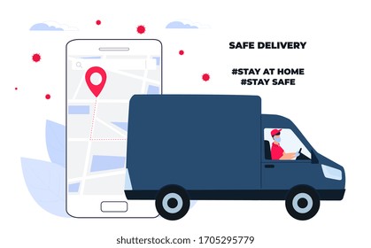 Safe delivery during coronavirus COVID-19. Delivery man on a car brought the parcel. Online food ordering. Stay home concept