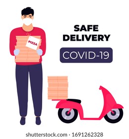 Safe delivery during the coronavirus epidemic. Male courier in protective surgical mask brought pizza.
