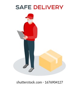 Safe Delivery During A Coronavirus Pandemic. A Courier In A Medical Mask Delivers Orders. Isometric Logistics And Safe Delivery Concept. Delivery Home And Office. City Logistics.