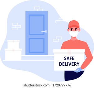 Safe delivery during the covert-19 period. A young male courier in a mask and gloves delivers goods to the door. Contactless delivery concept.