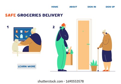 Safe delivery for elderly people in quarantine website template. Old lady orders groceries online than courier in mask and gloves brings food to door. Contactless delivery. Flat vector.