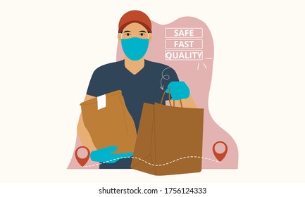 Safe delivery fast quality shipping caucasian man with bags mask and gloves shopping online
