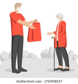 Safe delivery flat vector illustration. Delivery man in face mask delievering goods to old lady with mask, gray background. Safe delievery service. Male and old lady standing outdoor.