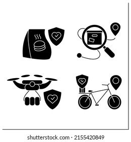 Safe delivery glyph icons set. Tracking, drone and bike, food delivery during corona virus pandemic. Filled flat signs. Isolated silhouette vector illustrations