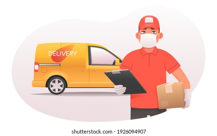 Safe delivery of goods concept. A courier in a mask and gloves holds a parcel in his hands against the backdrop of a van. Vector illustration in cartoon style