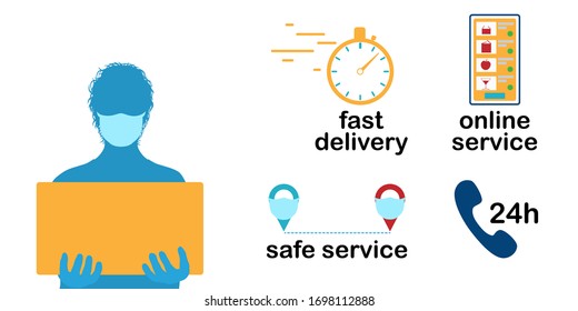 Safe delivery of goods during the coronavirus pandemic. A courier in a protective mask and gloves holds a box in his hands. Various icons for online services