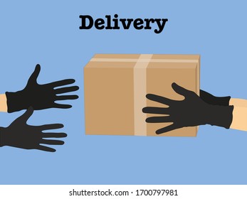 Safe delivery of goods for the prevention of coronavirus Covid-19. Courier holds a cardboard box in medical rubber gloves. Vector illustration.
